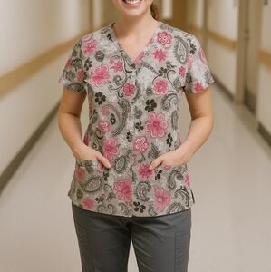 Scrub Top Women's M Paisley Pink Black Gray Multicolor Pullover Vneck Smocked Ba
